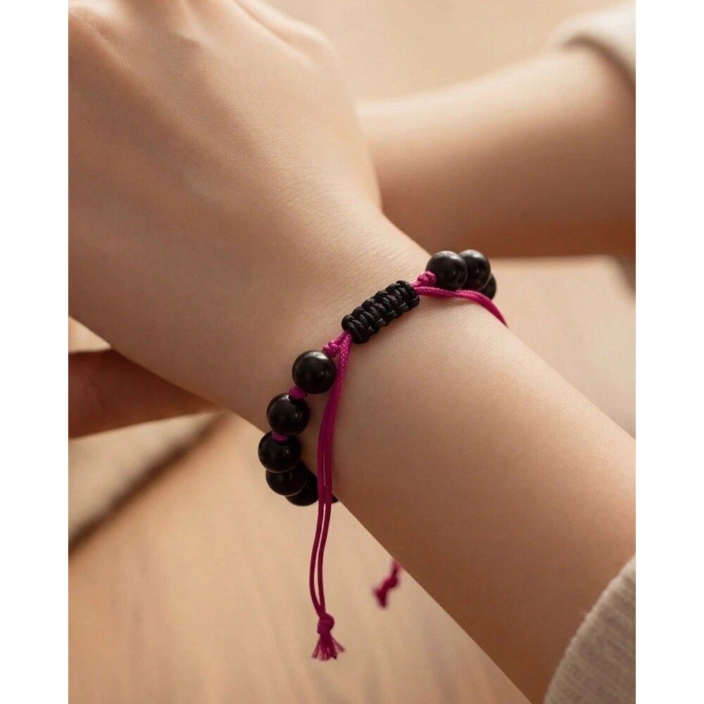 Black Beaded Bracelet Pink Adjustable Handmade Boho - Picture 2 of 9